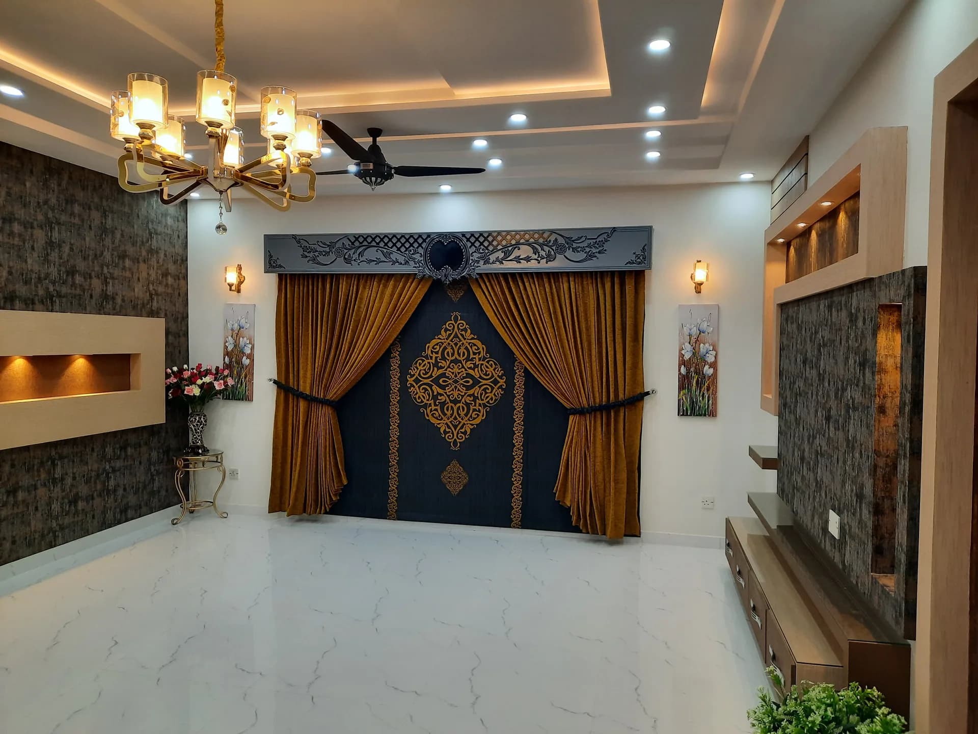82 Jehlum — formal room chandelier ceiling, DC Colony Gujranwala